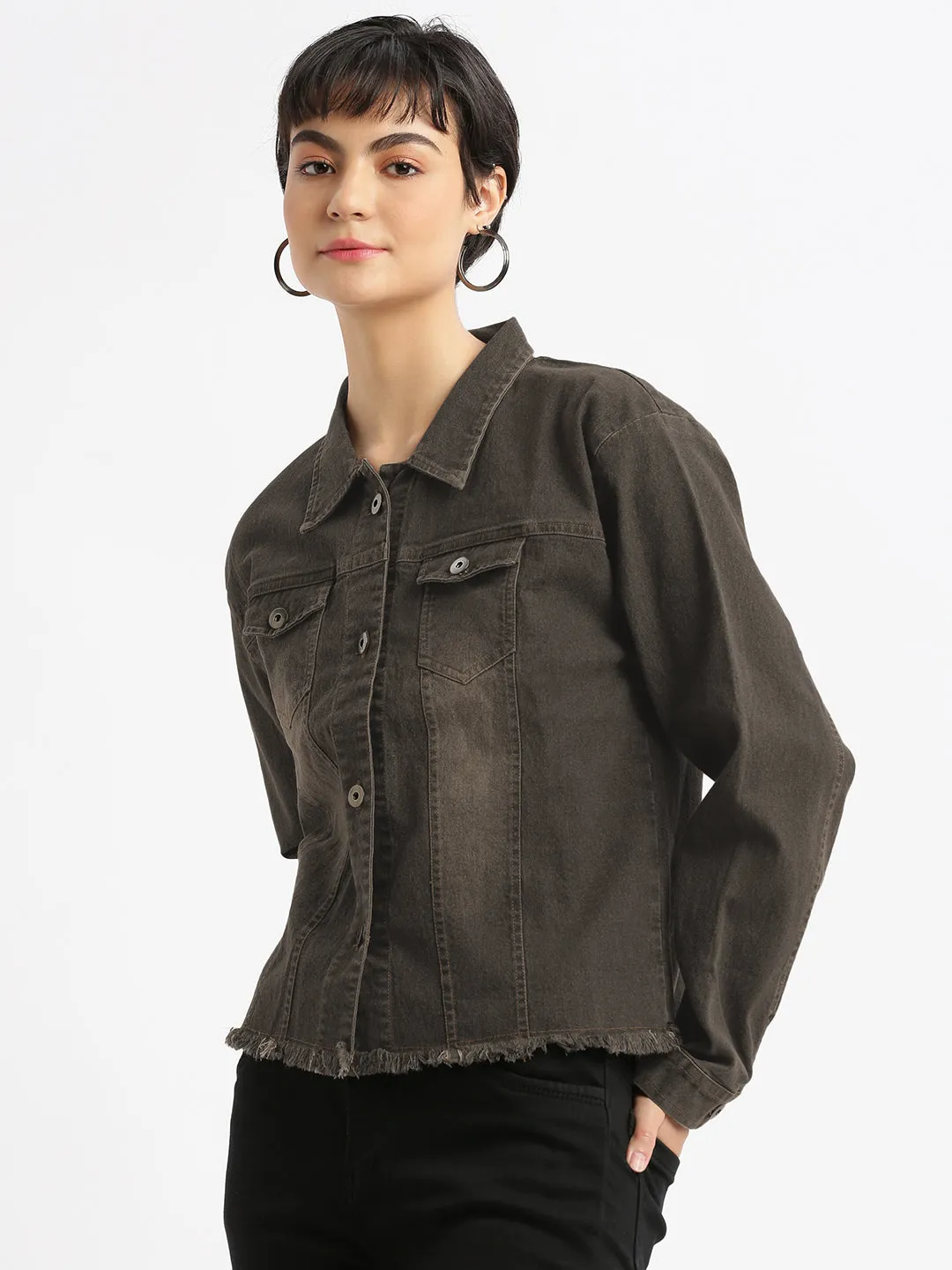 Women's Spread Collar Brown Solid Denim Jacket Compact Design