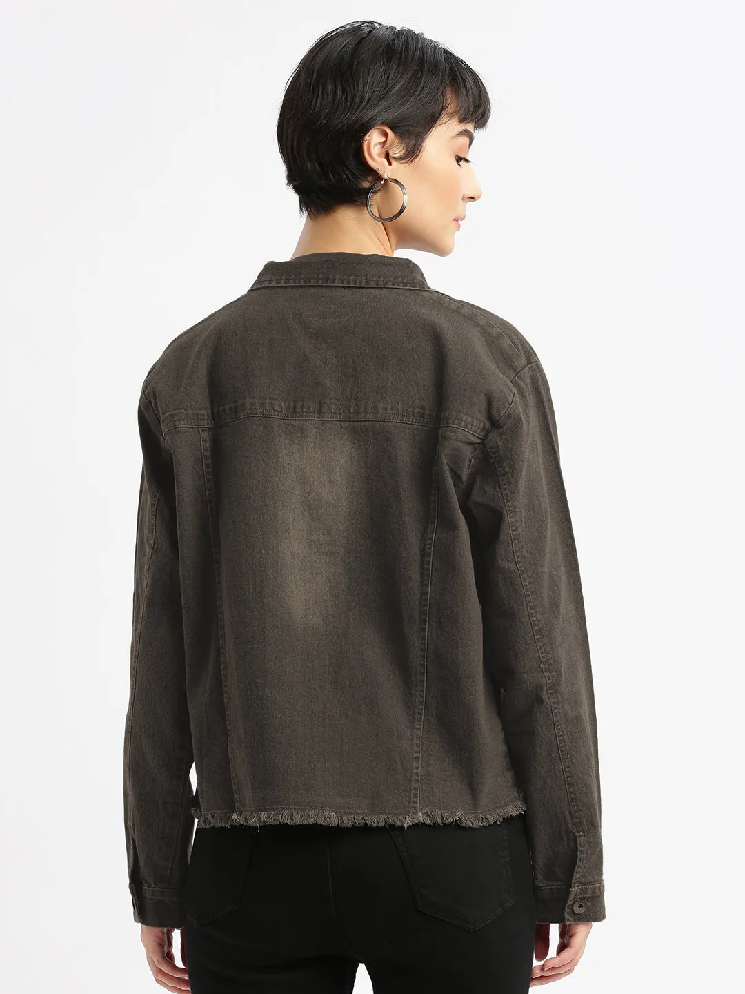 Women's Spread Collar Brown Solid Denim Jacket Temperature Adaptive