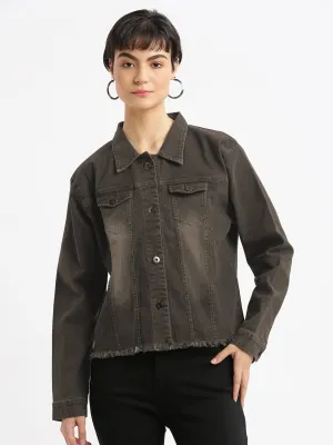 Women's Spread Collar Brown Solid Denim Jacket Non Restrictive Cut Seam Sealed