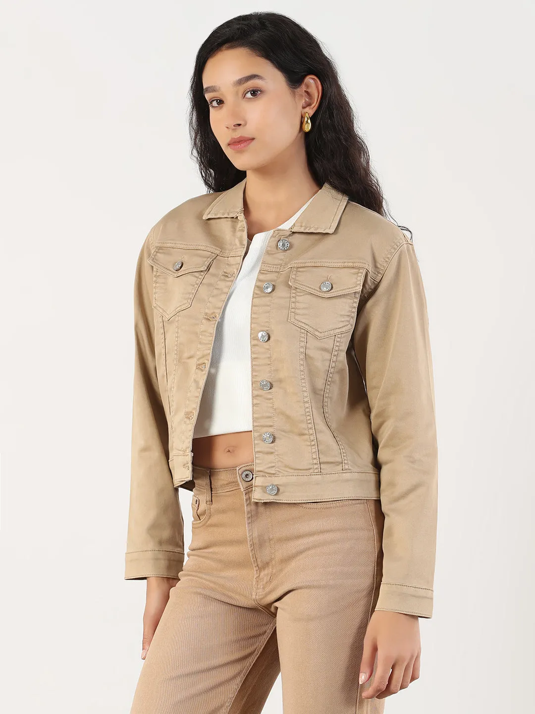 Stain Resistant Material Subtle Fashion Fit Women's Spread Collar Khaki Solid Denim Jacket