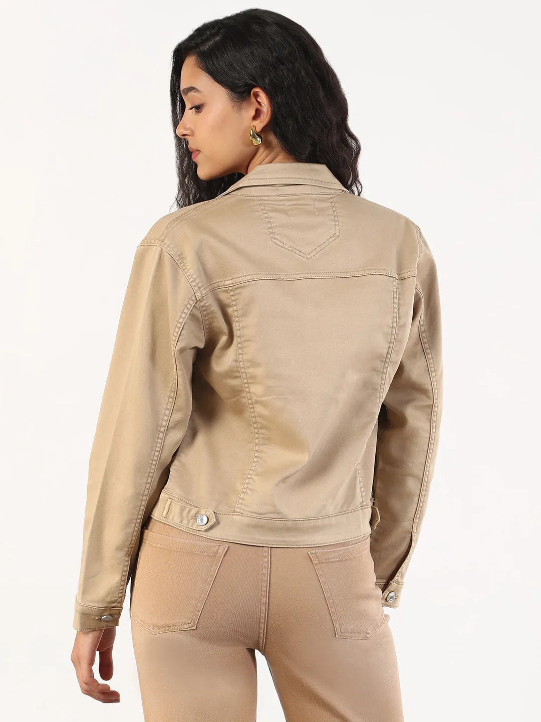 Women's Spread Collar Khaki Solid Denim Jacket Seamless Welded Construction Snap Closure System