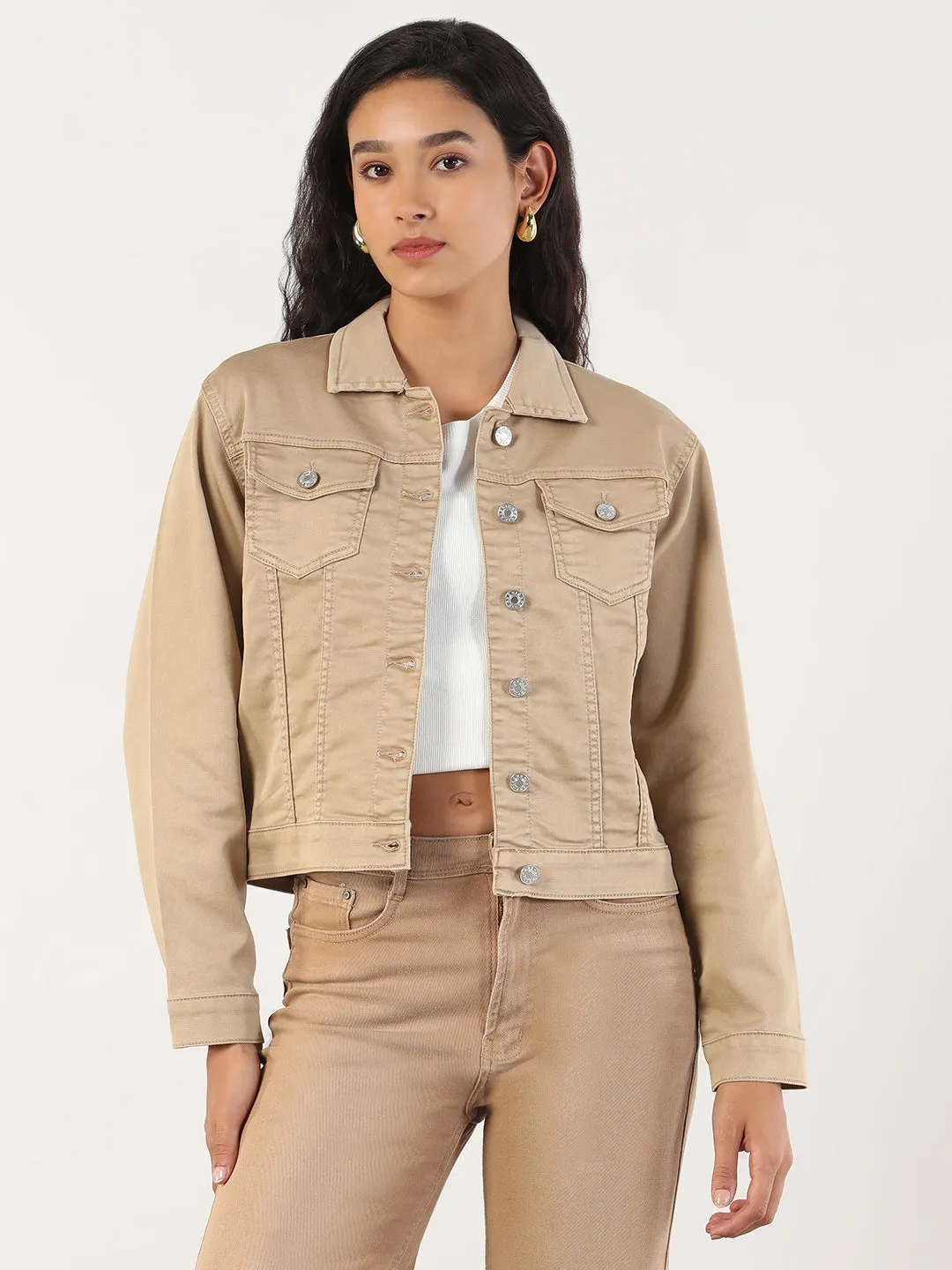 Women's Spread Collar Khaki Solid Denim Jacket HeatReflectiveLining