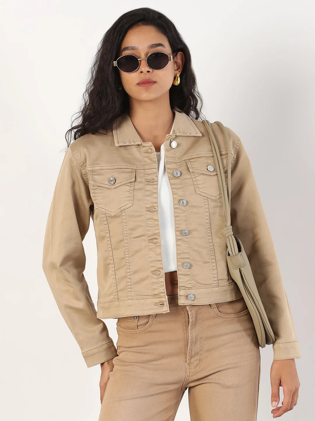 Elastic Cuff Adjustment Women's Spread Collar Khaki Solid Denim Jacket