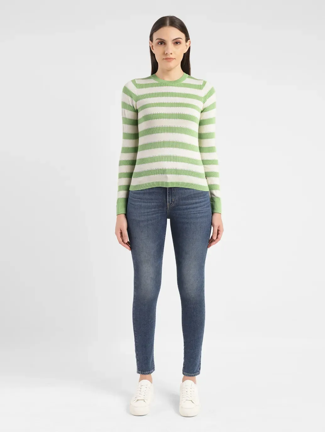 Hypoallergenic Fibers Women's Striped Green Crew Neck Sweater