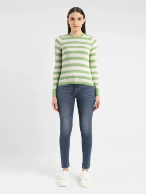 Women's Striped Green Crew Neck Sweater Natural Odor Control