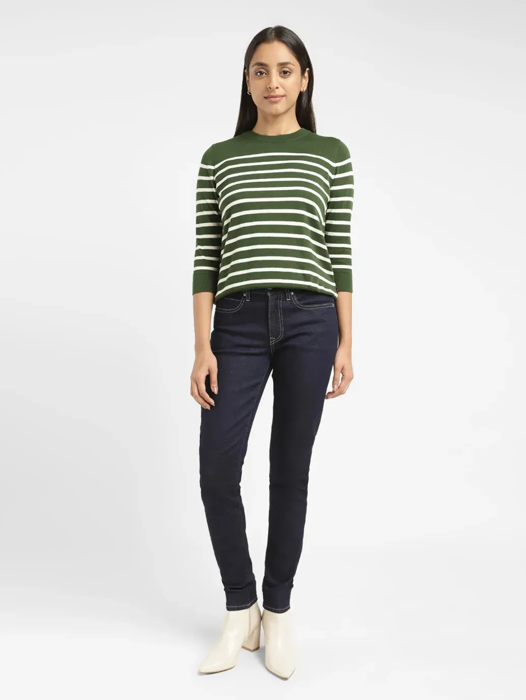 OdorResistant Fiber Women's Striped Green Crew Neck Sweater
