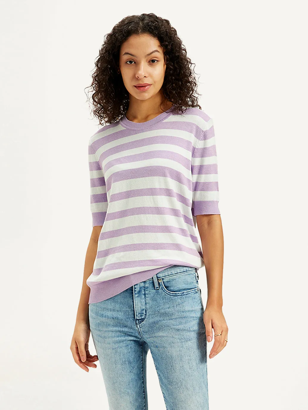 Women's Striped Lavender Crew Neck Sweater Chic Casual Outfit
