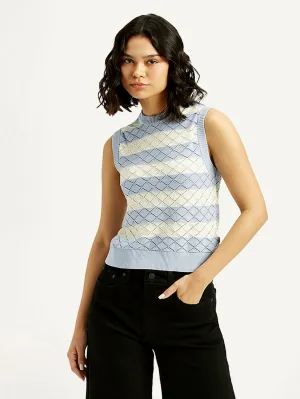 Women's Striped Light Blue Crew Neck Sweater Vest Home Casual Outfit Warm Essentials