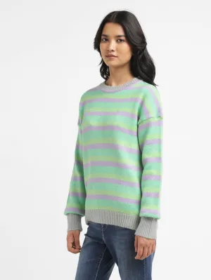Women's Striped Multicolor Crew Neck Sweater elastic waistband