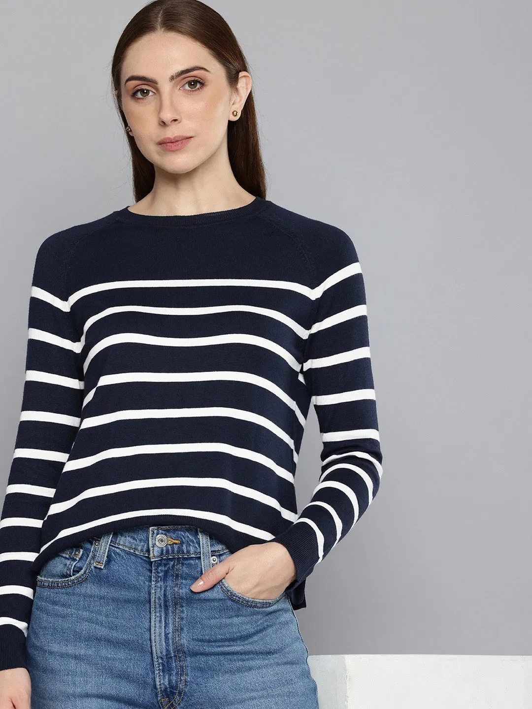 No Season Women's Striped Navy Crew Neck Sweater