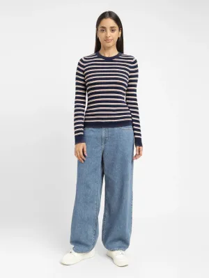Women's Striped Navy Crew Neck Sweater Fade Resistant Dye OdorResistant Fabric