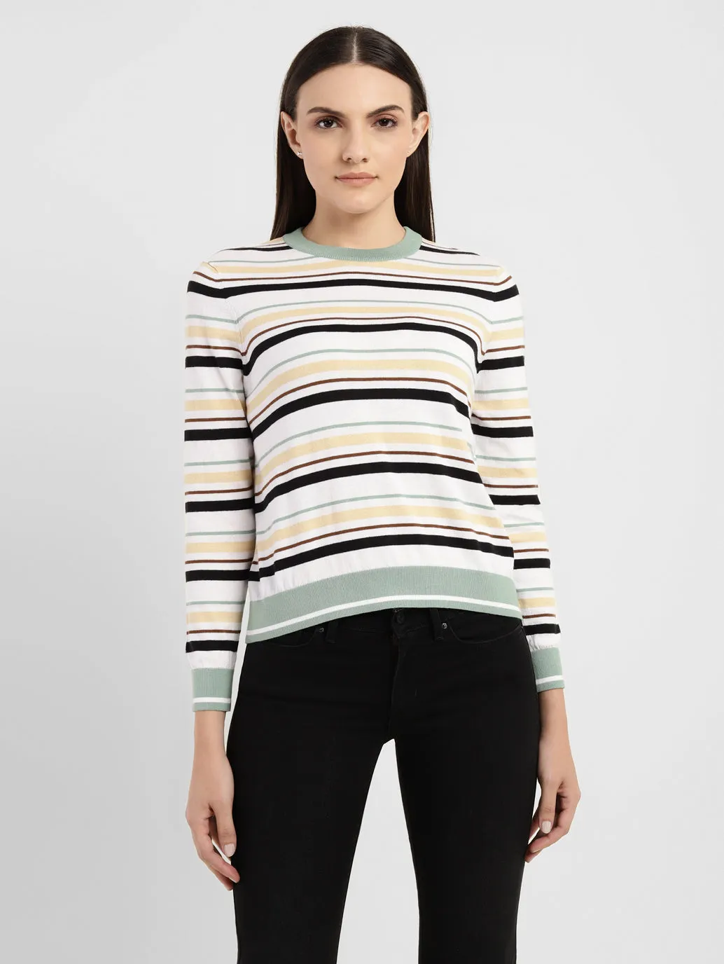 Women's Striped Round Neck Sweater Clean Aesthetic Elastic hemline