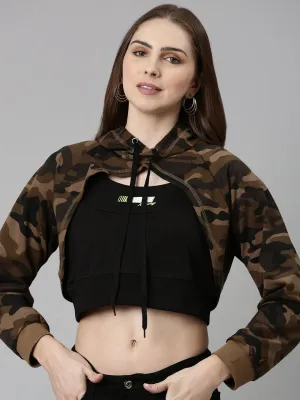 Women's Taupe Camouflage Printed Hooded Crop Sweatshirt Zip-up