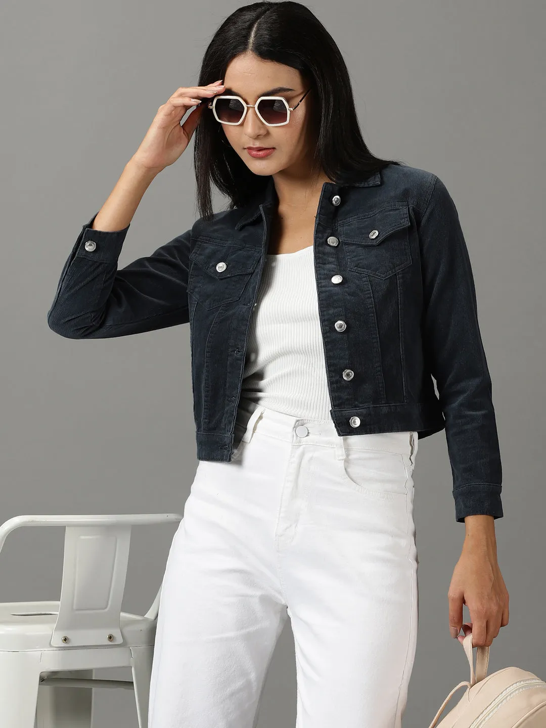 Women's Teal Spread Collar Corduroy Denim Jacket Reinforced Shoulder Padding