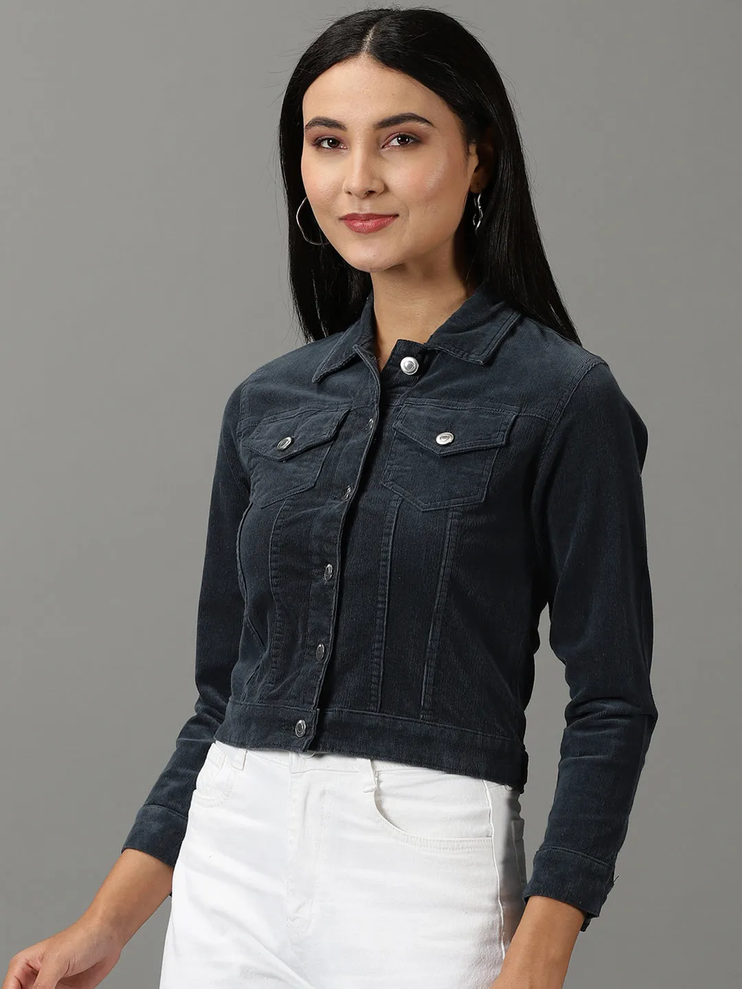 Women's Teal Spread Collar Corduroy Denim Jacket Detachable Layer Hypoallergenic Textile