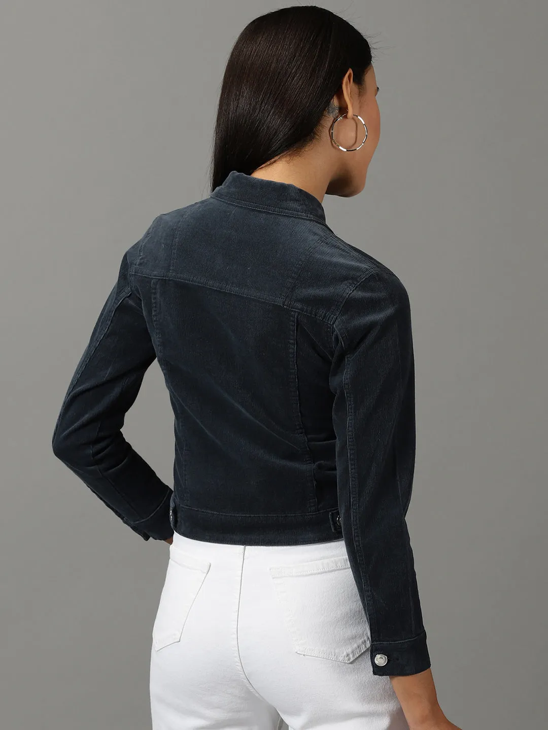 Women's Teal Spread Collar Corduroy Denim Jacket PFC Free Waterproofing Lightweight Lining