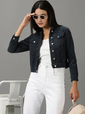 Women's Teal Spread Collar Corduroy Denim Jacket Reinforced Shoulder Padding