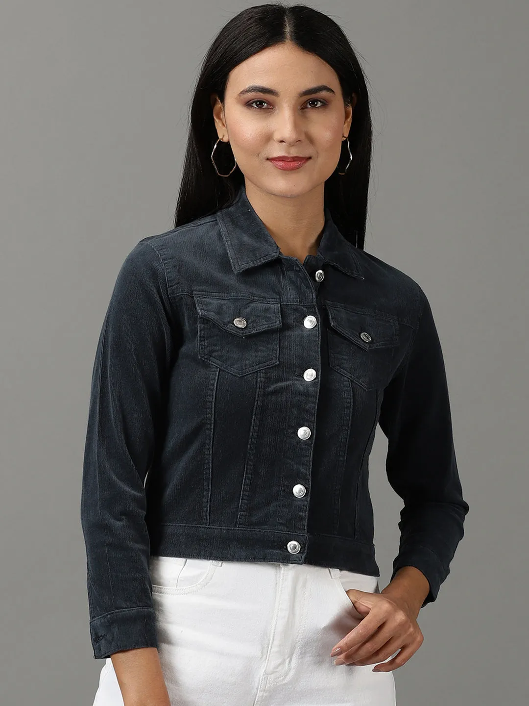 Women's Teal Spread Collar Corduroy Denim Jacket Silicone Grip Trim Non Irritating Seams