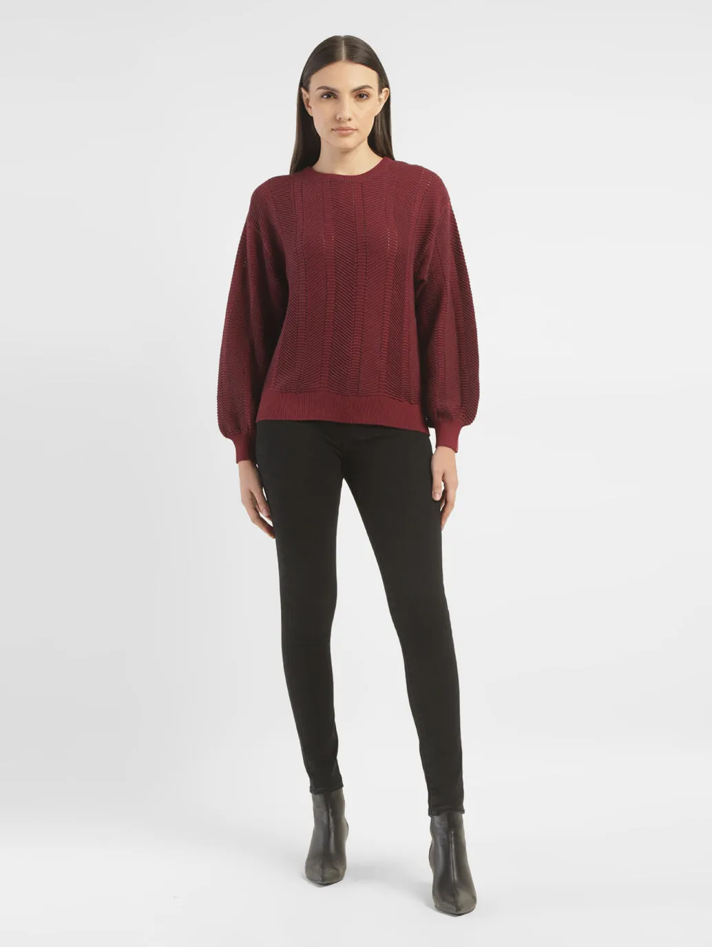 Women's Textured Maroon Crew Neck Sweater Simple Outfit Zero Waste Production