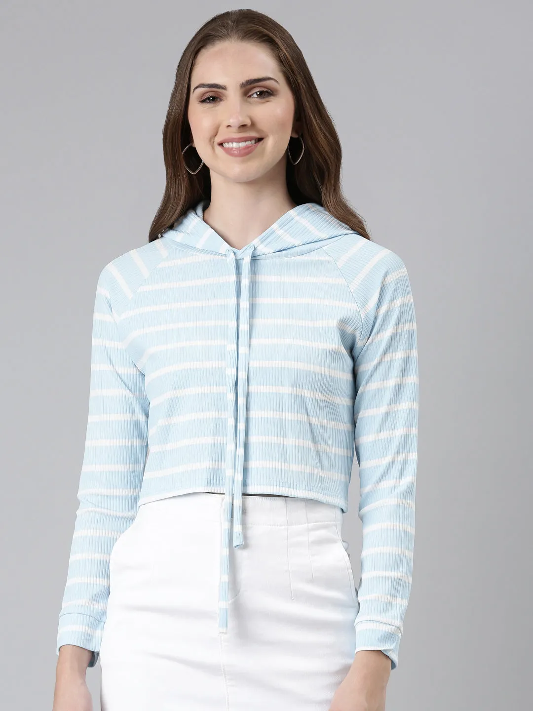 Women's Turquoise Blue Striped Hooded Crop Sweatshirt Short Sleeve