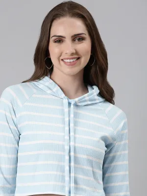 brooch accents Men's Women's Turquoise Blue Striped Hooded Crop Sweatshirt