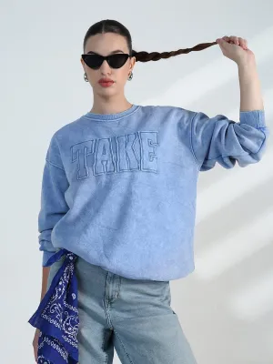 Matte Finish Daily Relaxed Women's Typography Blue Round Neck Oversized Sweatshirt
