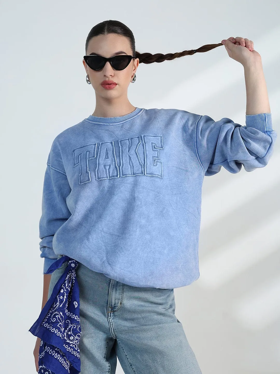Matte Finish Daily Relaxed Women's Typography Blue Round Neck Oversized Sweatshirt
