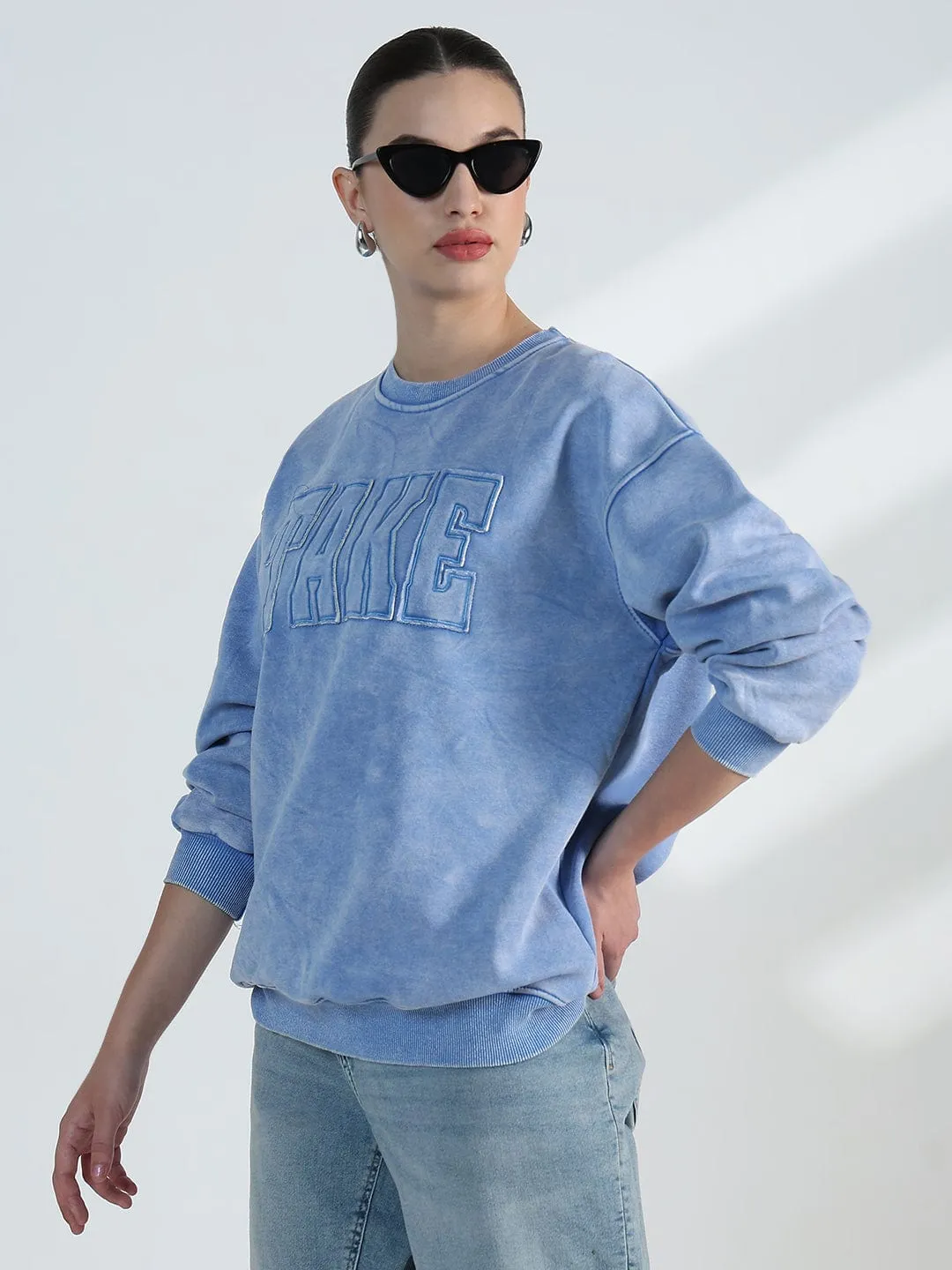 Women's Typography Blue Round Neck Oversized Sweatshirt performance test