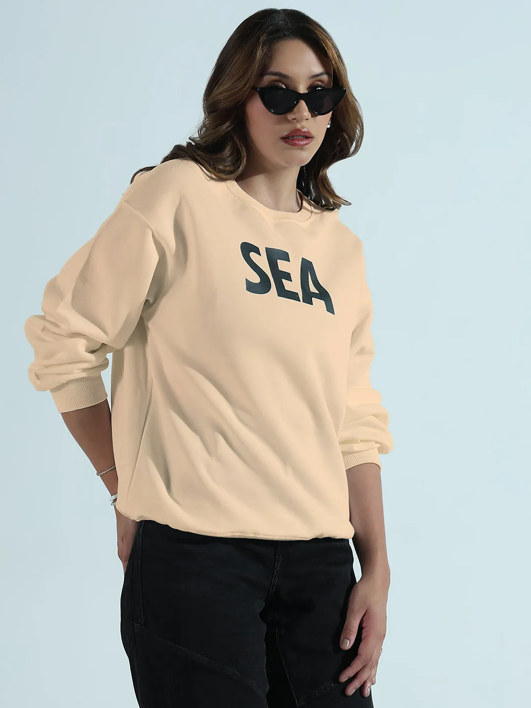 product UV resistant protection suitable for casual events Women's Typography Printed Beige Oversized Round Neck Sweatshirt