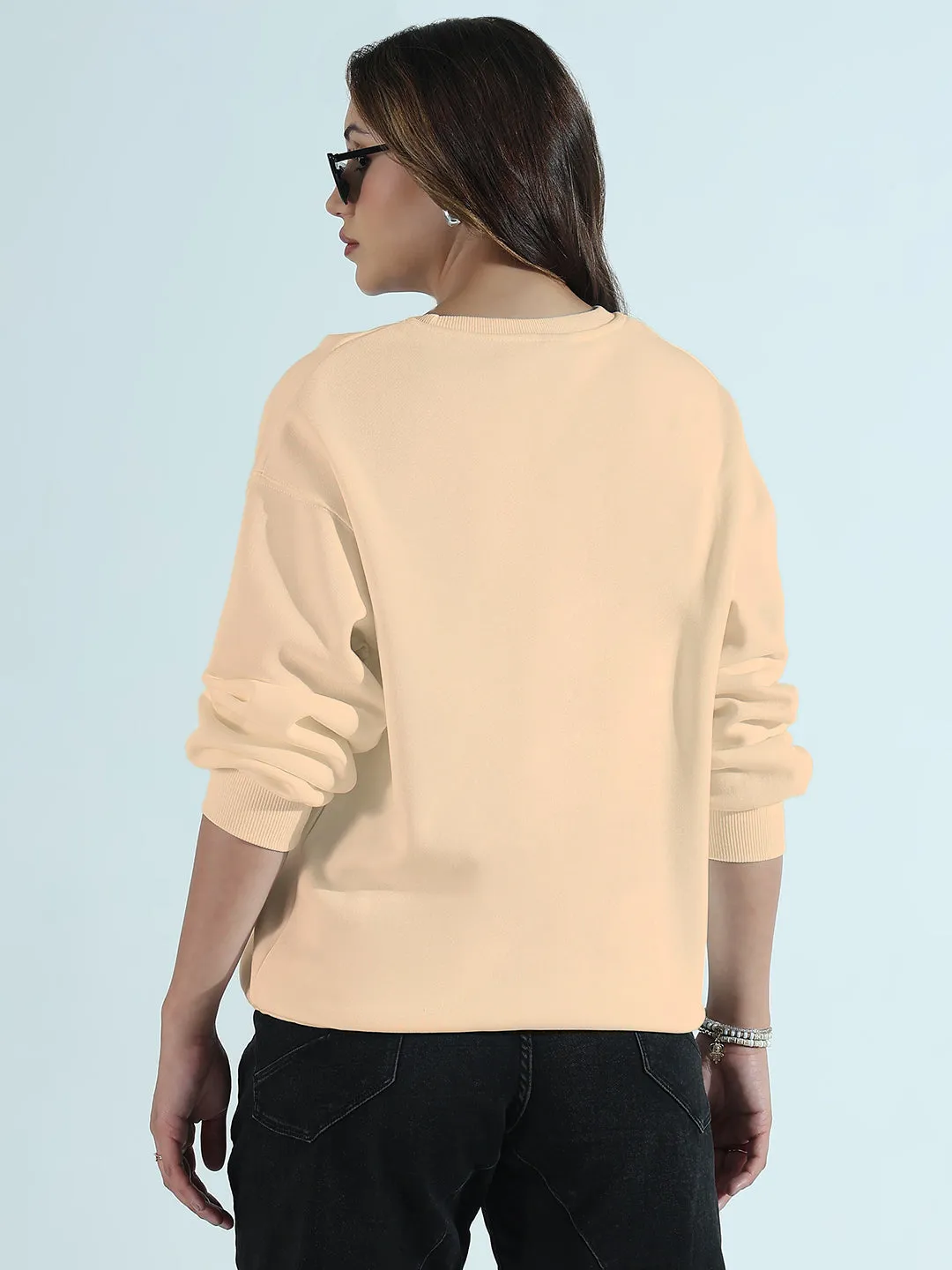 Women's Typography Printed Beige Oversized Round Neck Sweatshirt Handmade Urban Essential