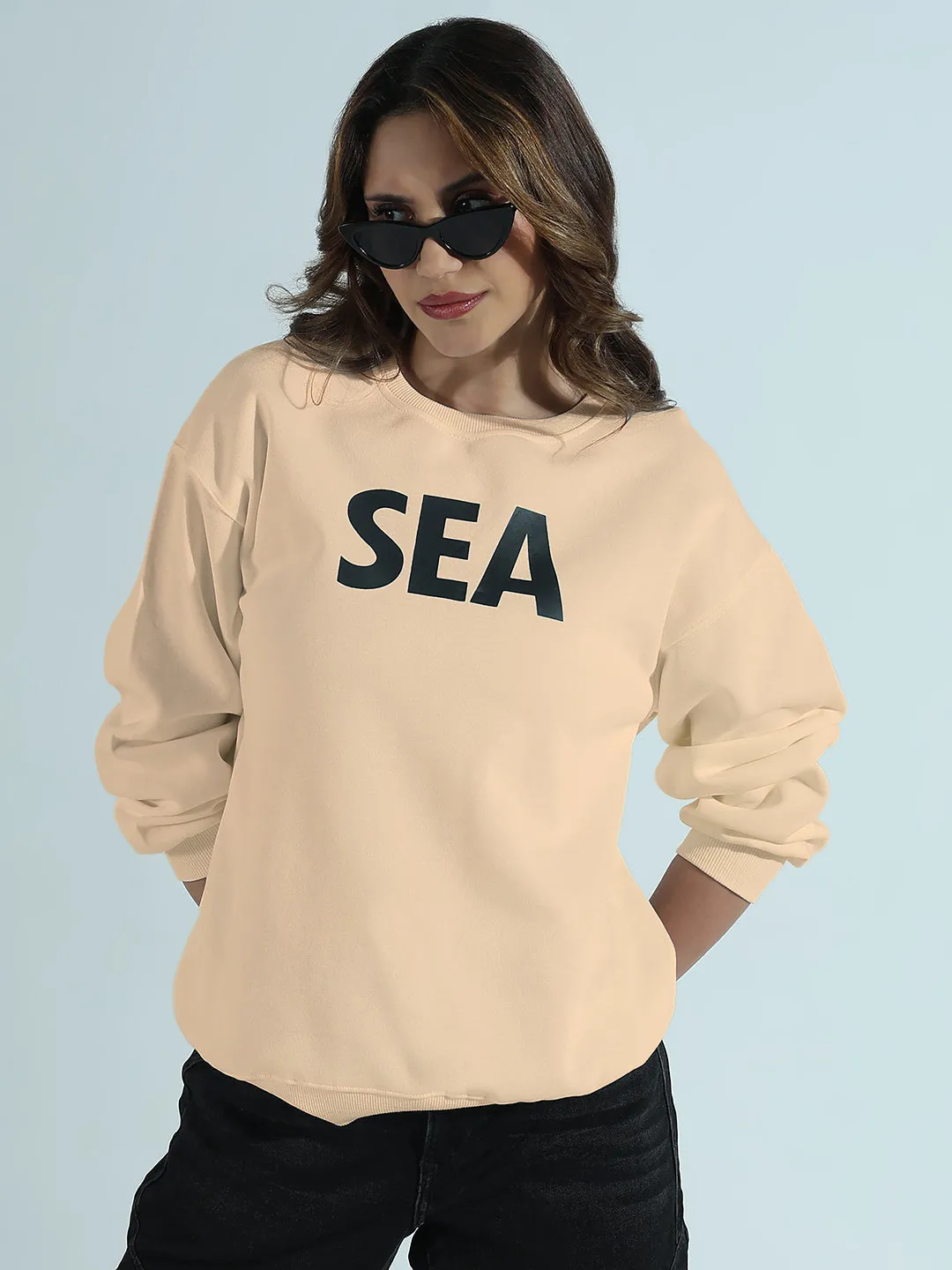 Women's Typography Printed Beige Oversized Round Neck Sweatshirt workout wear Comfy All Day