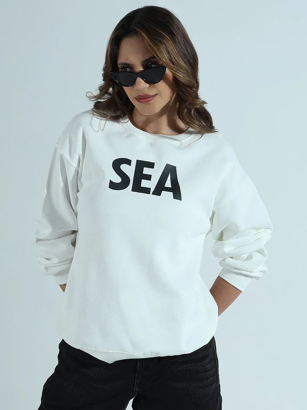 Women's Typography Printed White Oversized Round Neck Sweatshirt Cozy Comfort