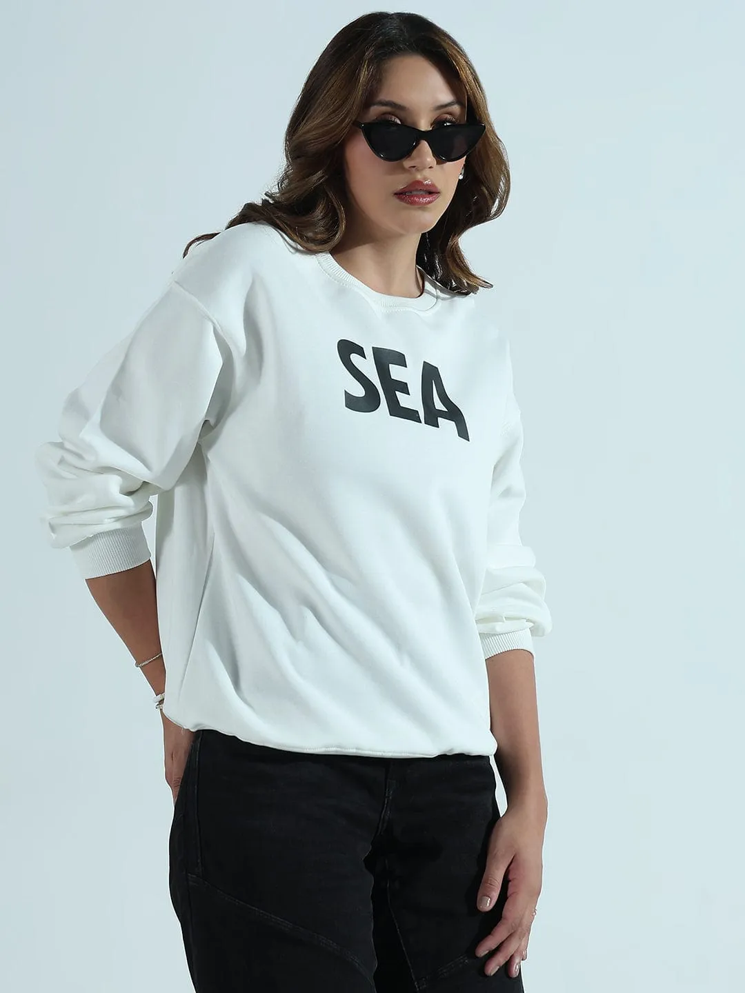 Women's Typography Printed White Oversized Round Neck Sweatshirt product fluffy softness