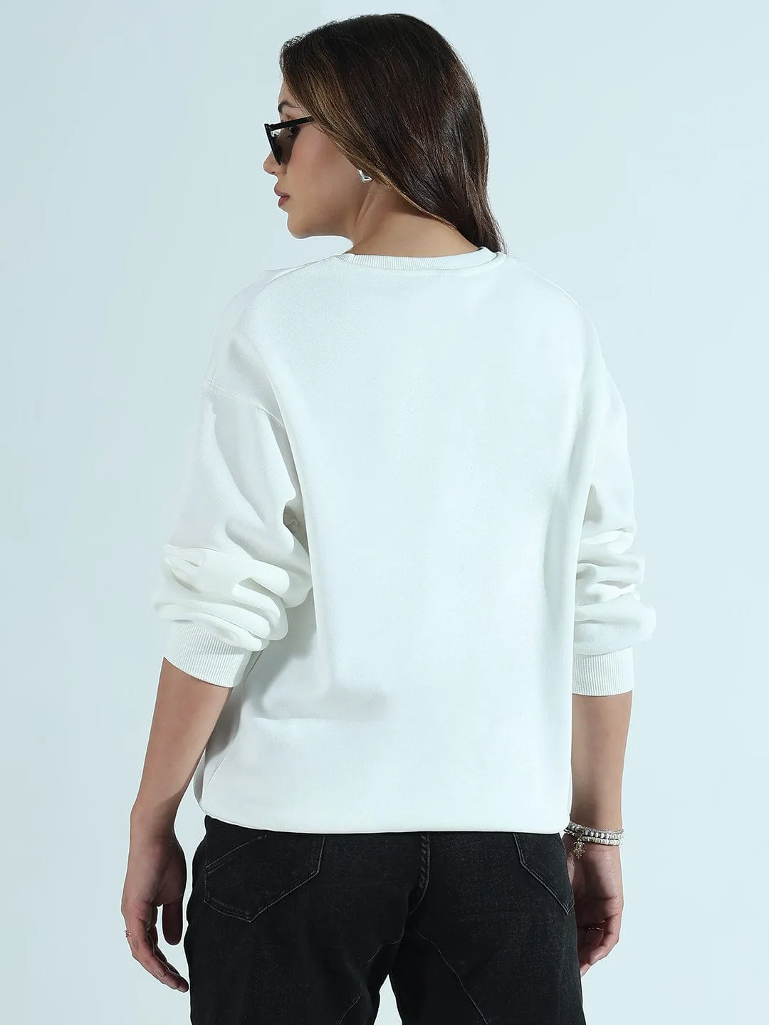 wrinkle free Comfy Layer Women's Typography Printed White Oversized Round Neck Sweatshirt