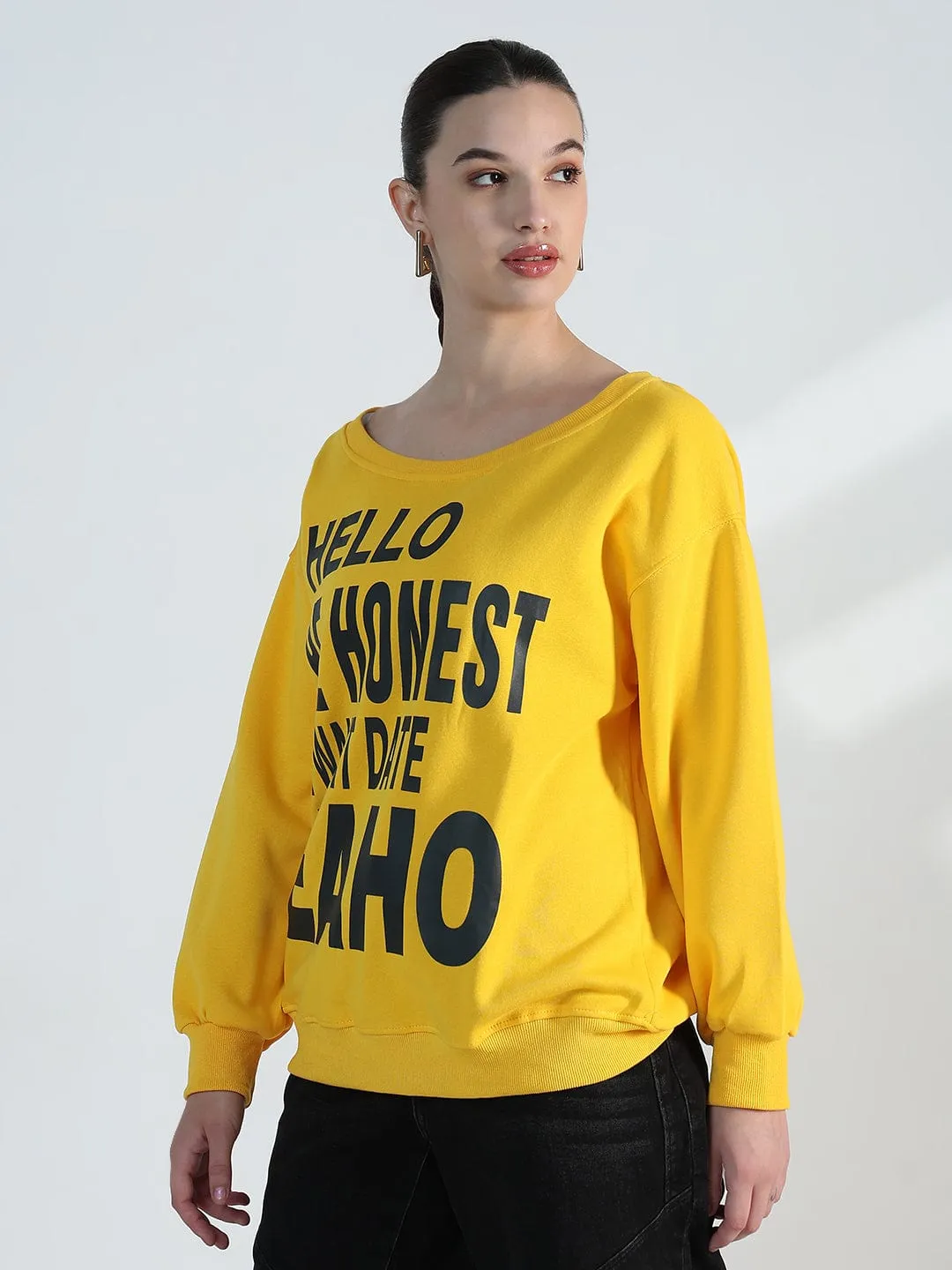 Women's Typography Yellow Scoop Neck Oversized Sweatshirt Chilly Weather