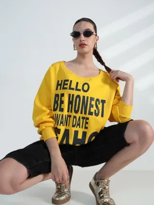 jersey Women's Typography Yellow Scoop Neck Oversized Sweatshirt