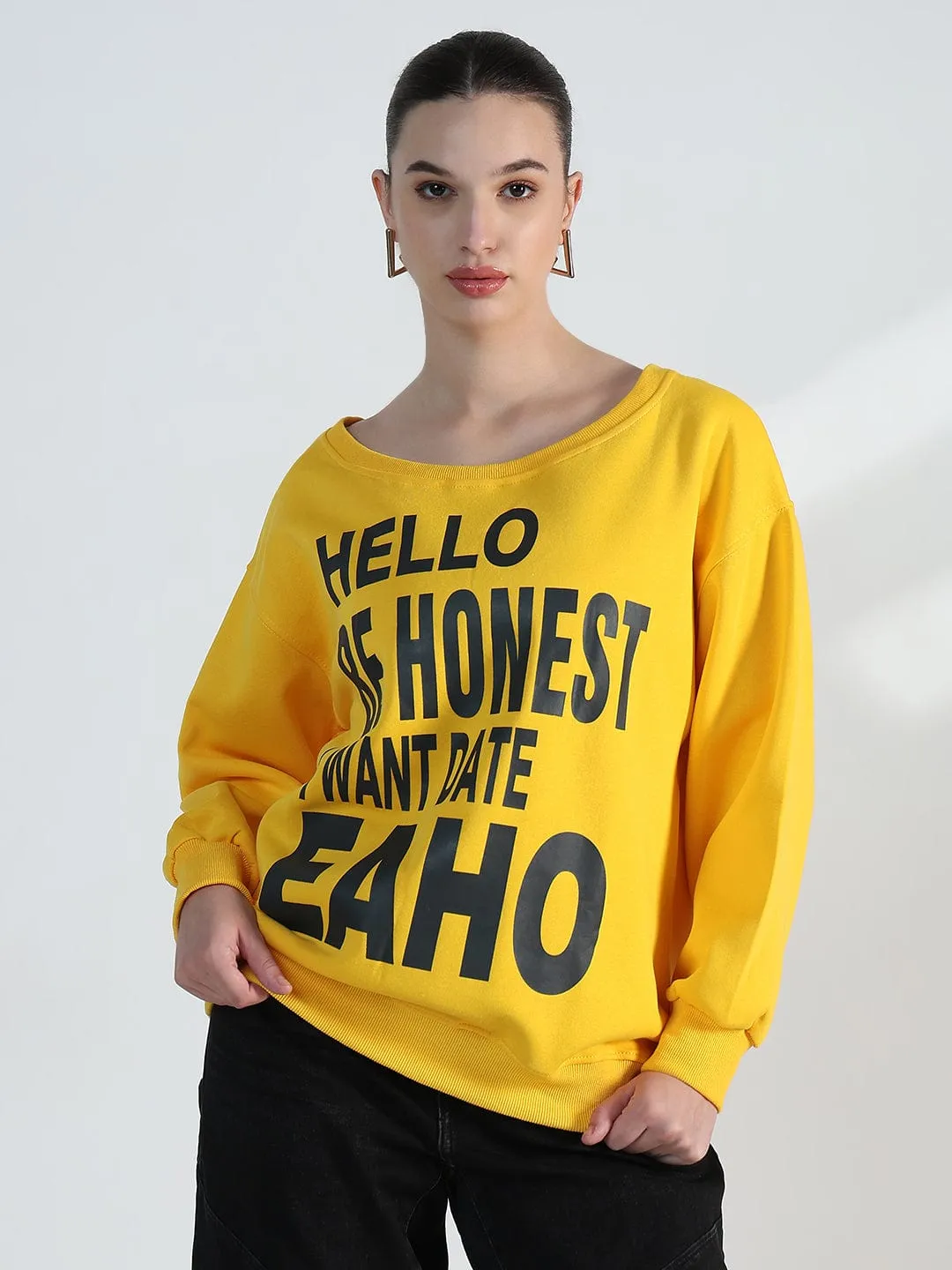 Women's Typography Yellow Scoop Neck Oversized Sweatshirt Satin