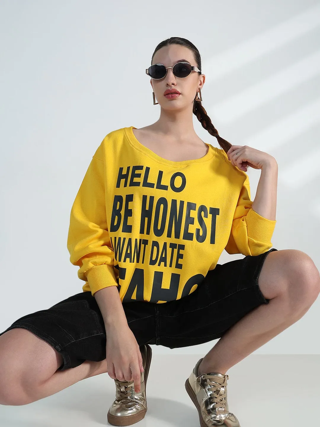 jersey Women's Typography Yellow Scoop Neck Oversized Sweatshirt