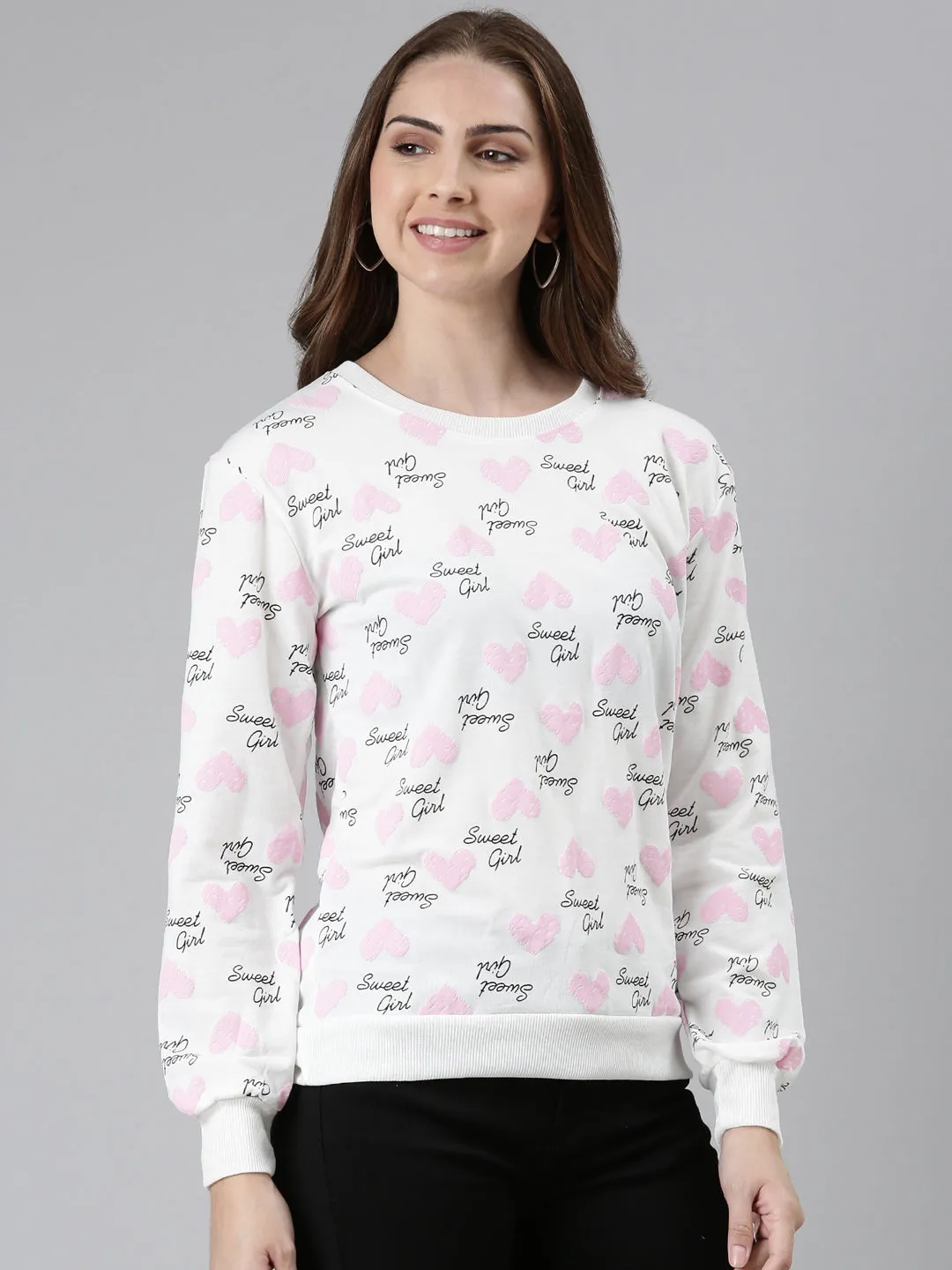 Cozy Collection Women's White Conversational Printed Cotton Sweatshirt