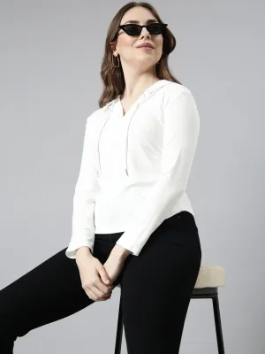 Women's White Long Sleeves Hooded Pullover Sweatshirt comfortable top Mid range