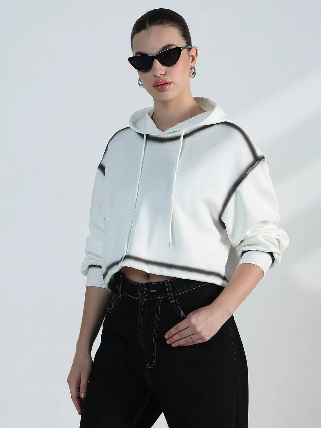 Outdoor Adventure Fleece Lining Women's White Oversized Hooded Sweatshirt