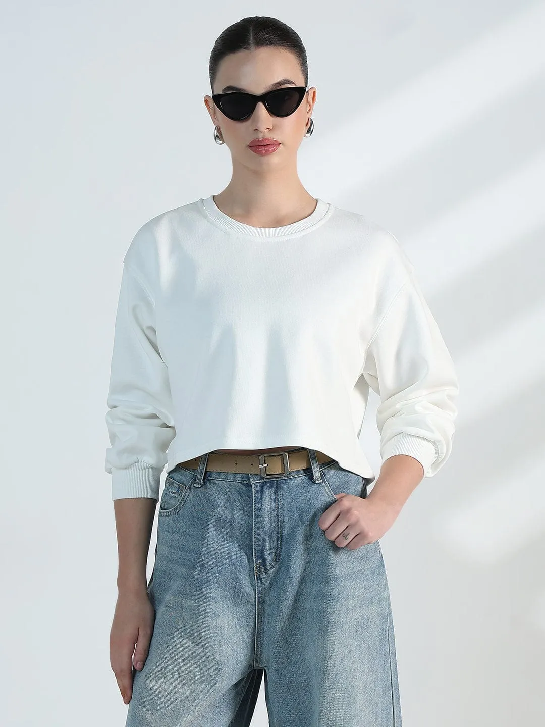 Women's White Oversized Round Neck Sweatshirt Classic Minimal