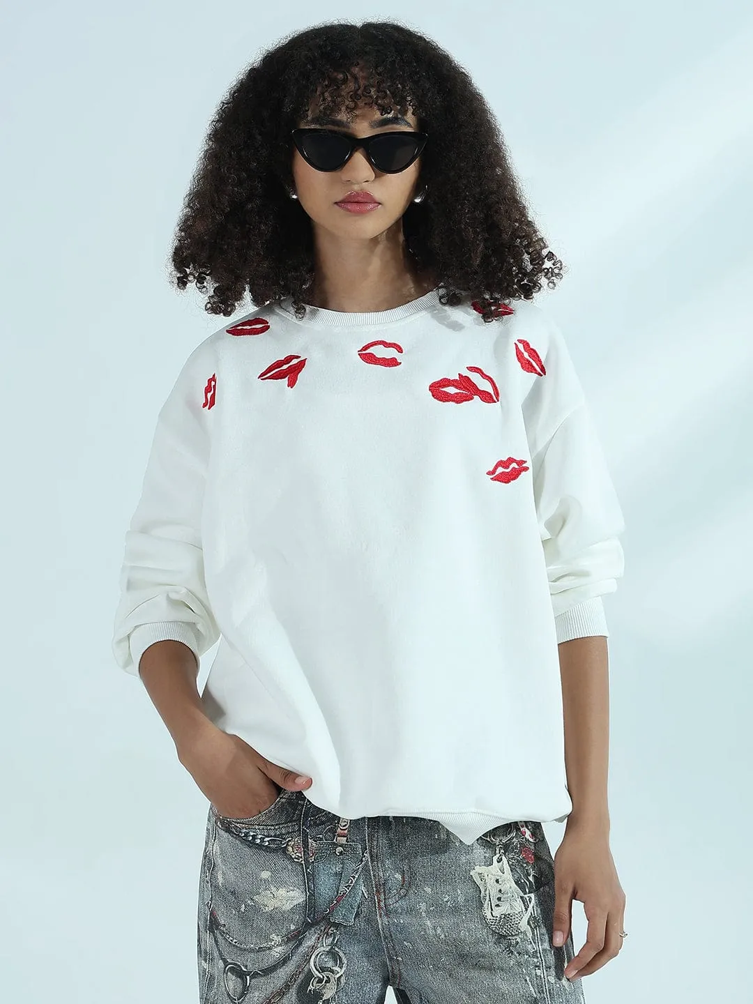 Women's White Oversized Round Neck Sweatshirt with Kiss Marks Anti fungal
