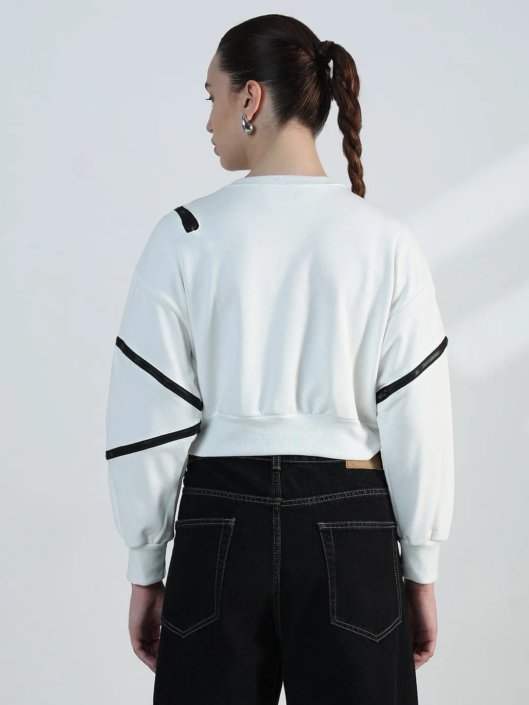 Indoor Wear Women's White Oversized Sweatshirt with Zipper Detail