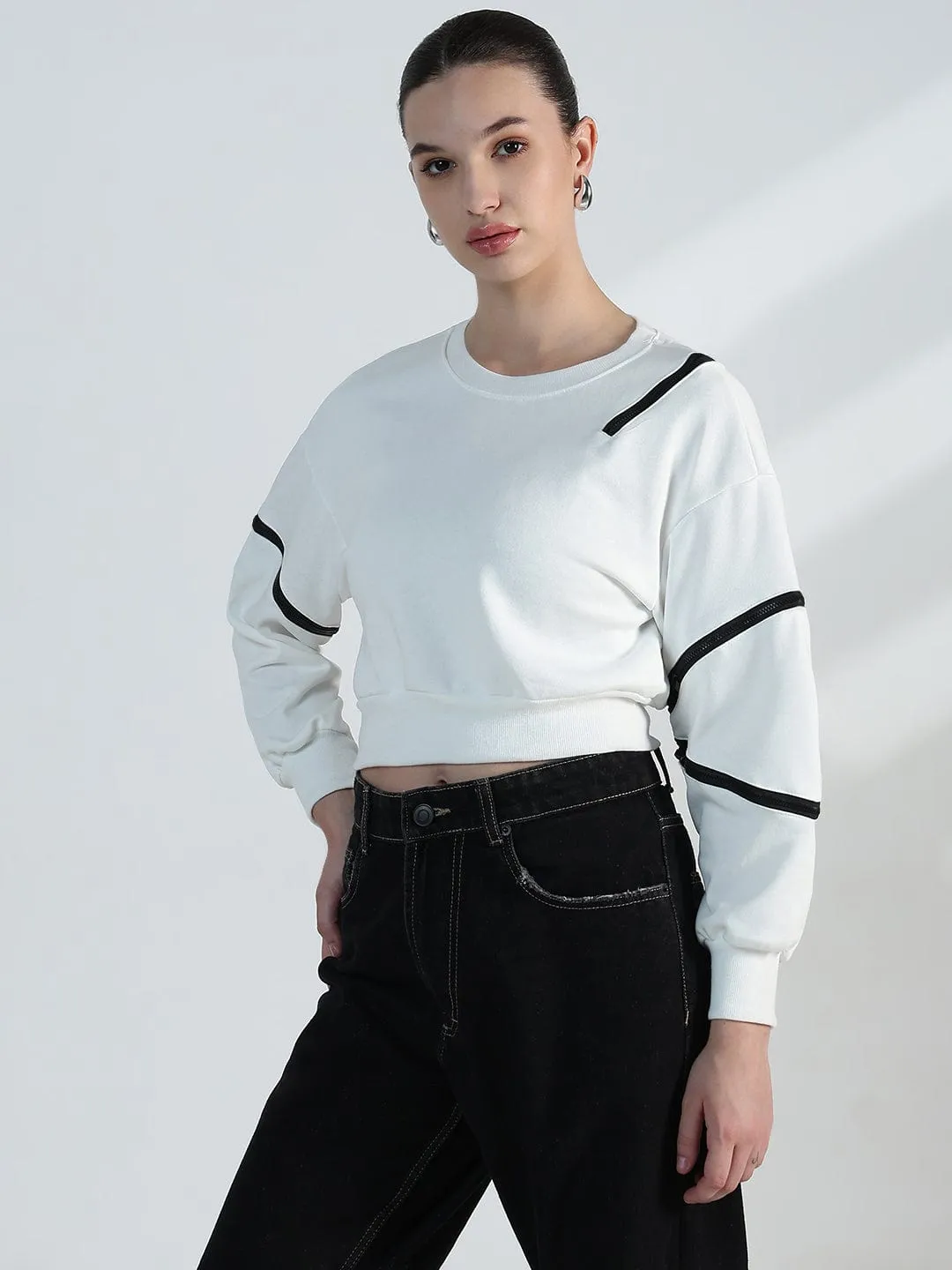 Women's White Oversized Sweatshirt with Zipper Detail product customization ethnic print