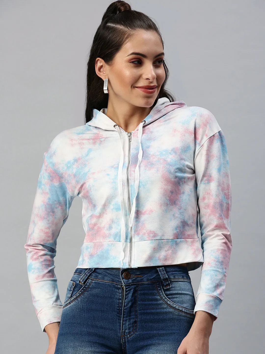 Women's White Printed Hooded Front - Open Crop Sweatshirt Core Style appropriate for parties