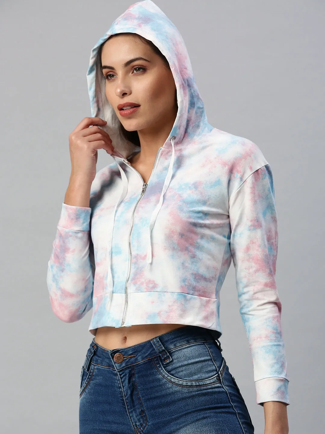 industry standard product mesh lining breathability Women's White Printed Hooded Front - Open Crop Sweatshirt