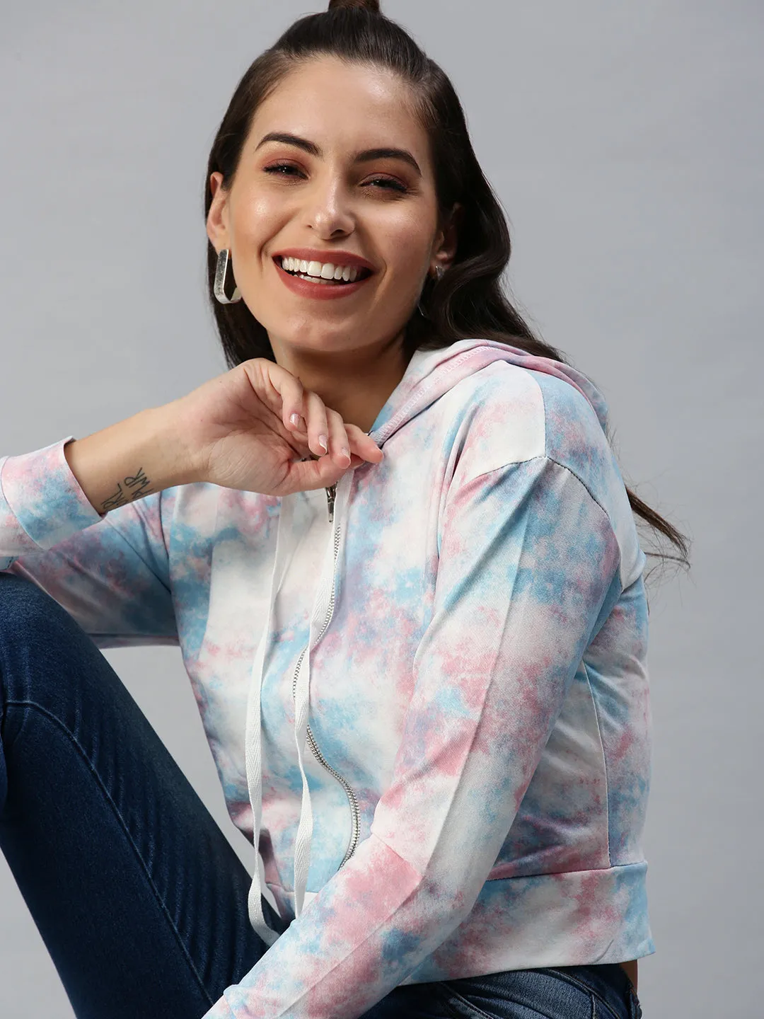 Women's White Printed Hooded Front - Open Crop Sweatshirt Houndstooth right for travel