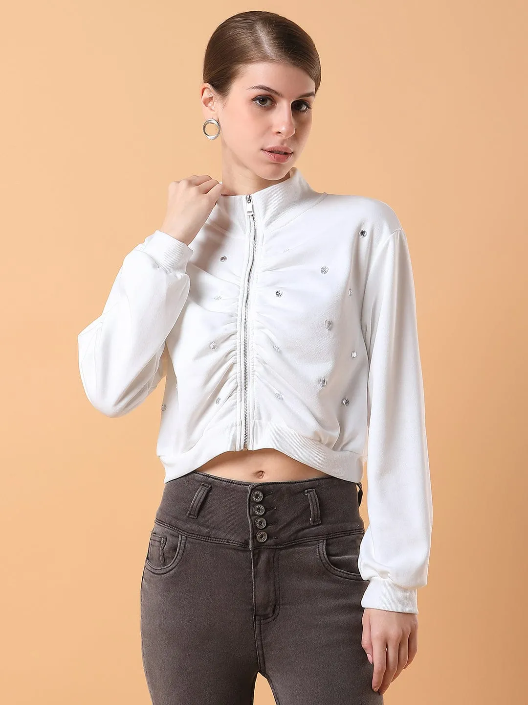 goes with sandals Women's White Solid Printed Sweatshirt