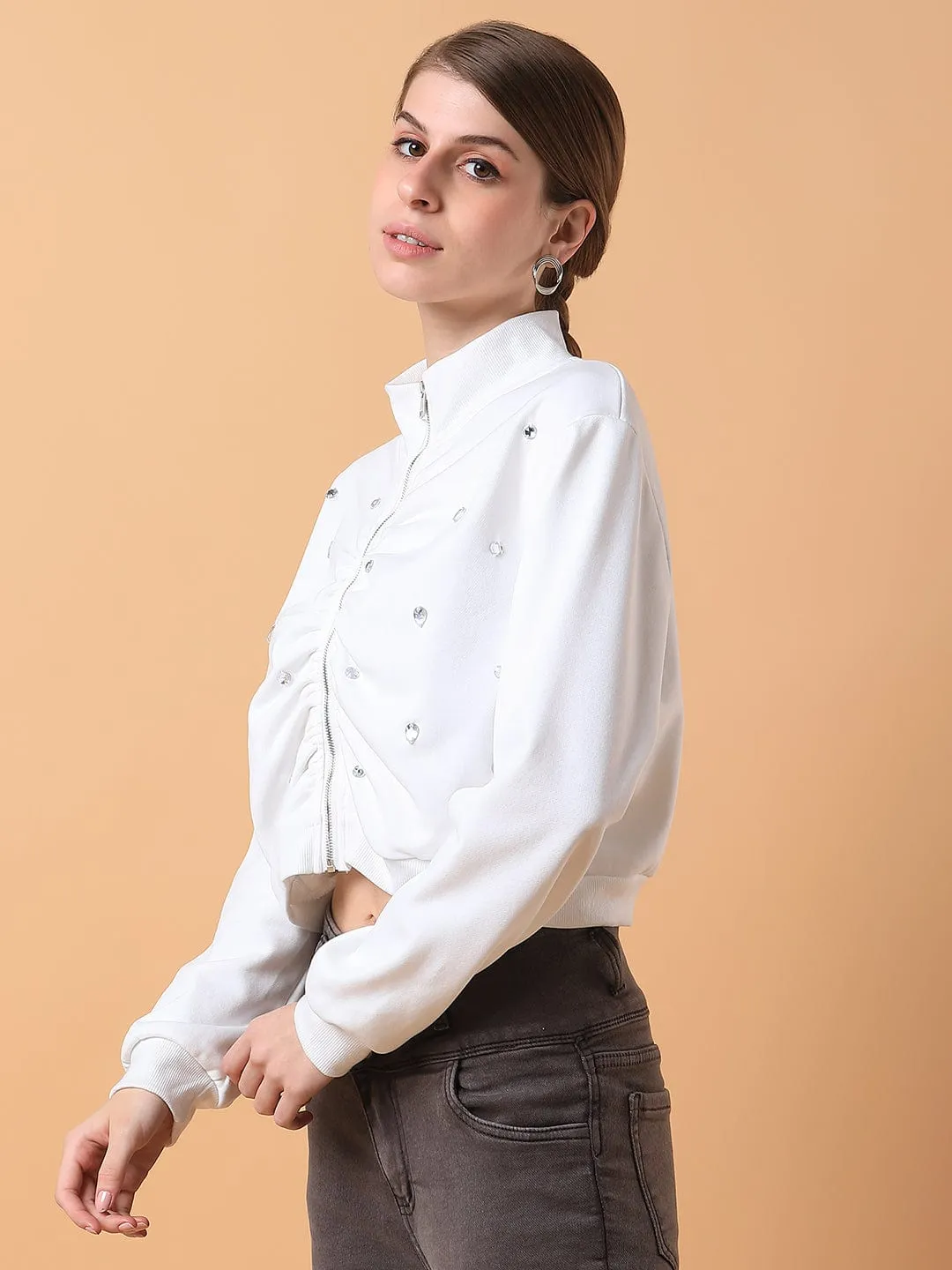 Women's White Solid Printed Sweatshirt Adjustable Relaxed Layer